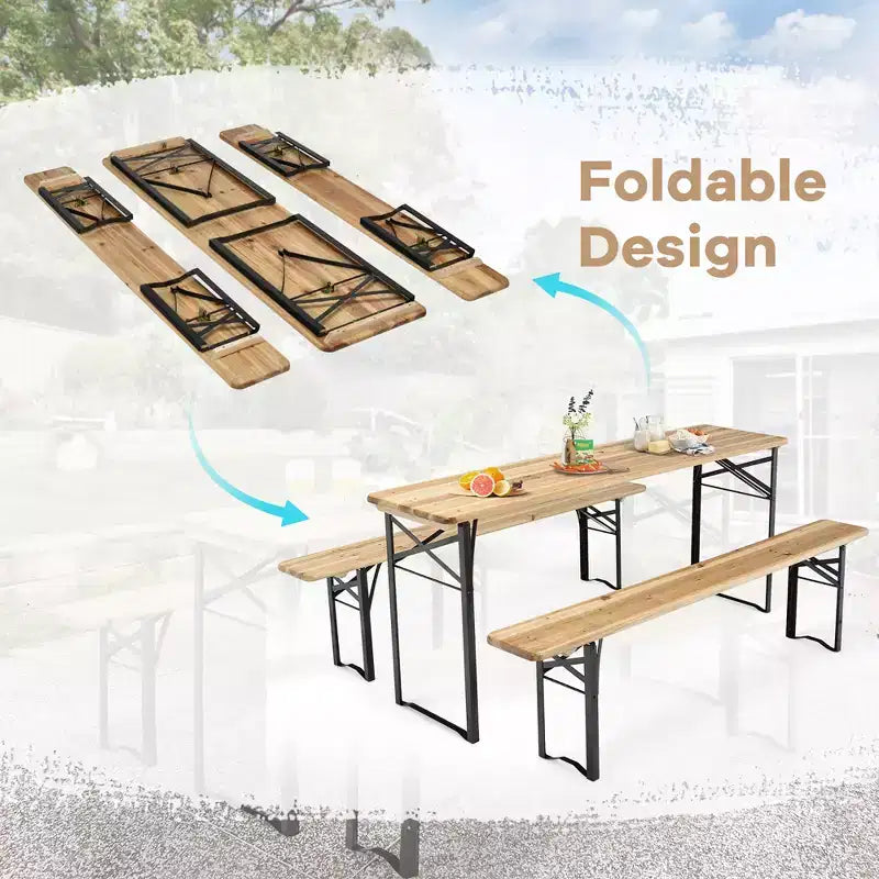 Costway Set Panca da Tavolo Birra 3 Pezzi Pieghevole in Legno per Picnic Giardino Patio