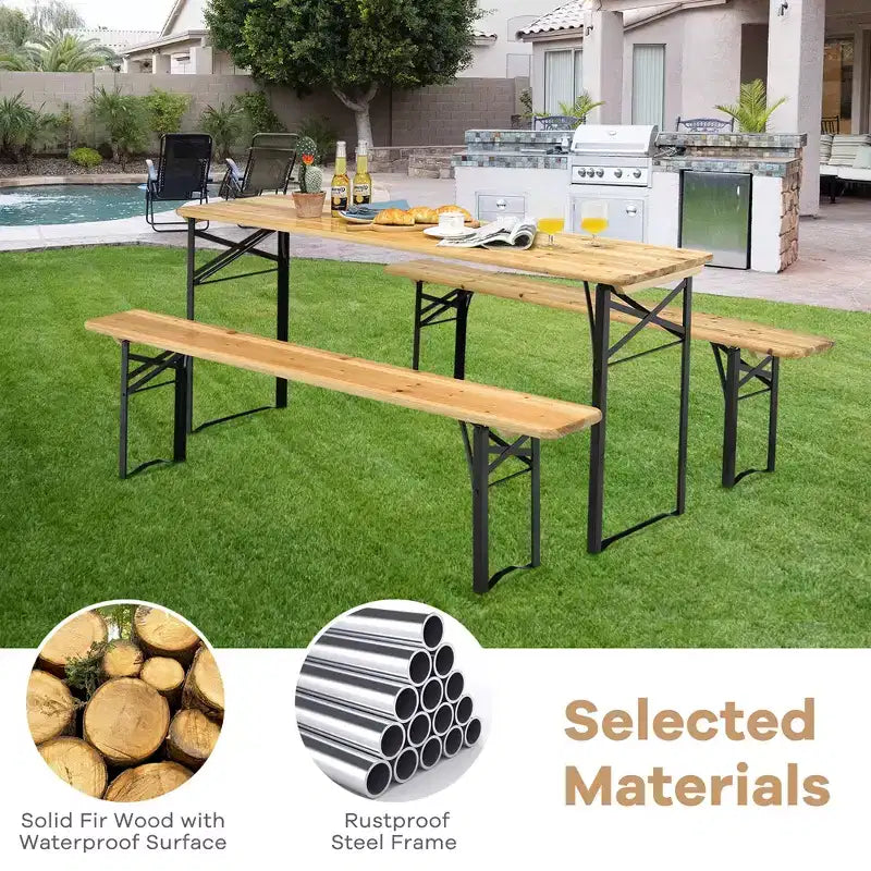 Costway Set Panca da Tavolo Birra 3 Pezzi Pieghevole in Legno per Picnic Giardino Patio