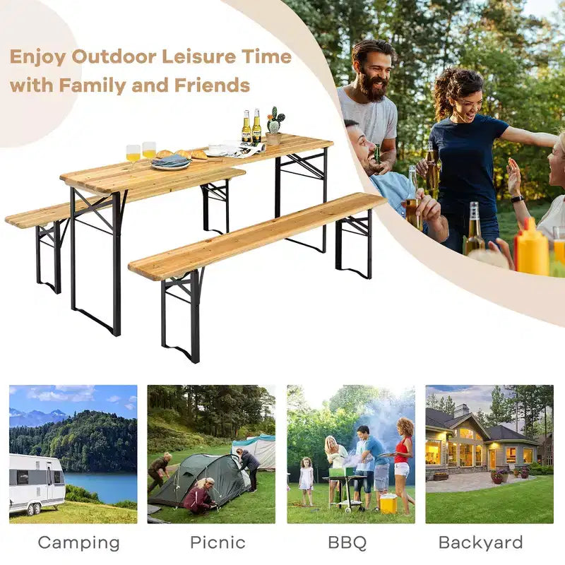 Costway Set Panca da Tavolo Birra 3 Pezzi Pieghevole in Legno per Picnic Giardino Patio
