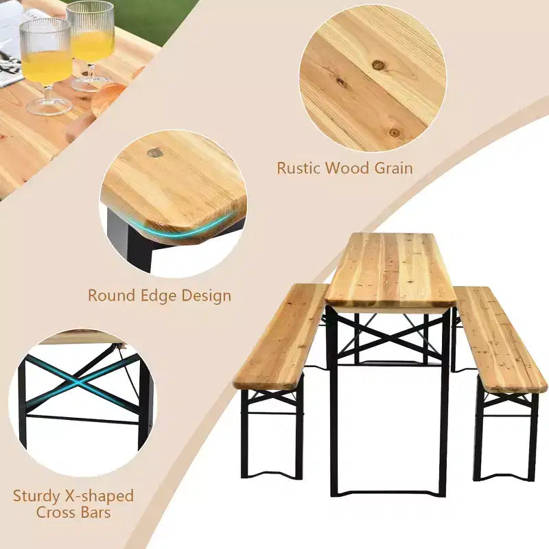 Costway Set Panca da Tavolo Birra 3 Pezzi Pieghevole in Legno per Picnic Giardino Patio