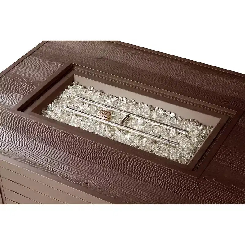 Tavolo da pranzo da esterno Oakland Living in alluminio, rettangolare 48 x 36, 55000 BTU, propano, pannello con motivo effetto legno
