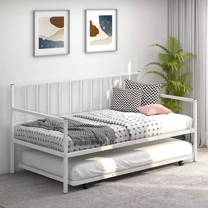 Costway Letto da Giorno Matrimoniale in Metallo con Struttura a Rotelle Robusta, Set Divano Letto