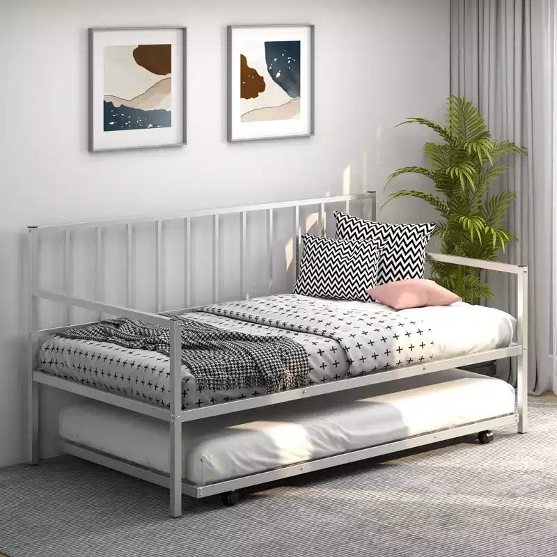 Costway Letto da Giorno Matrimoniale in Metallo con Struttura a Rotelle Robusta, Set Divano Letto