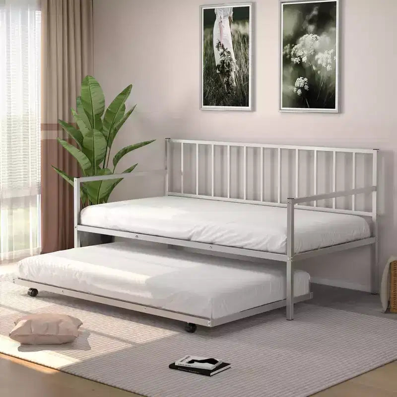 Costway Twin Metal Daybed with Roll Out Trundle Heavy Duty Frame Sofa Bed Set