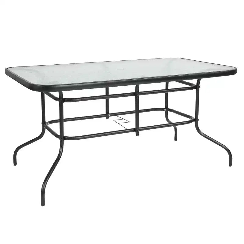 Emma and Oliver 31.5 x 55 Rectangular Tempered Glass Metal Table with Umbrella Hole