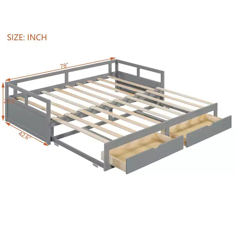 Letto a giorno estensibile in legno con letto estraibile e due cassetti portaoggetti-ModernLuxe