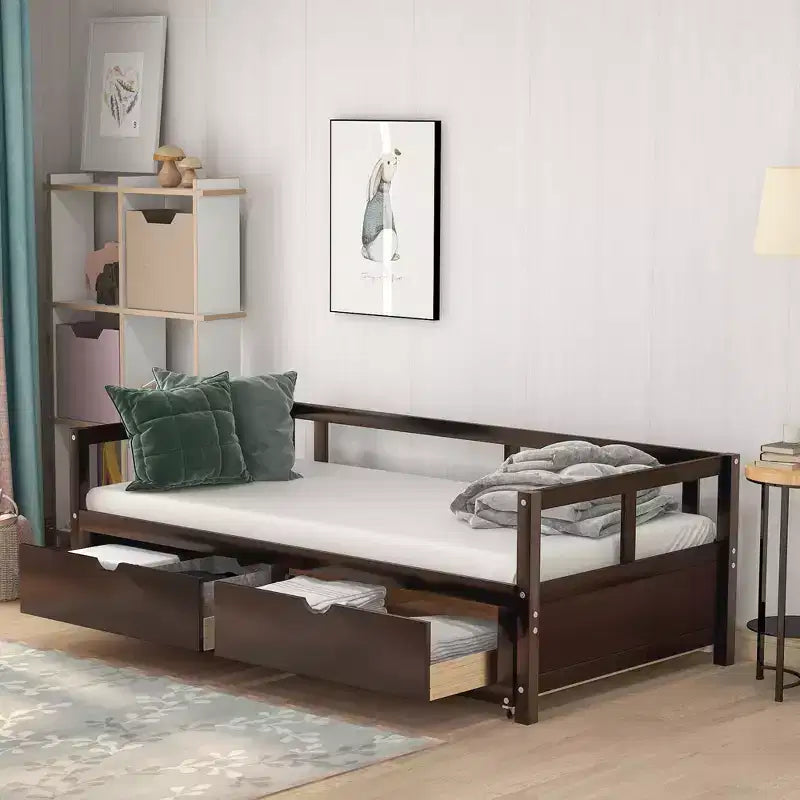 Letto a giorno estensibile in legno con letto estraibile e due cassetti portaoggetti-ModernLuxe