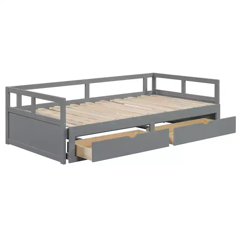 Letto a giorno estensibile in legno con letto estraibile e due cassetti portaoggetti-ModernLuxe