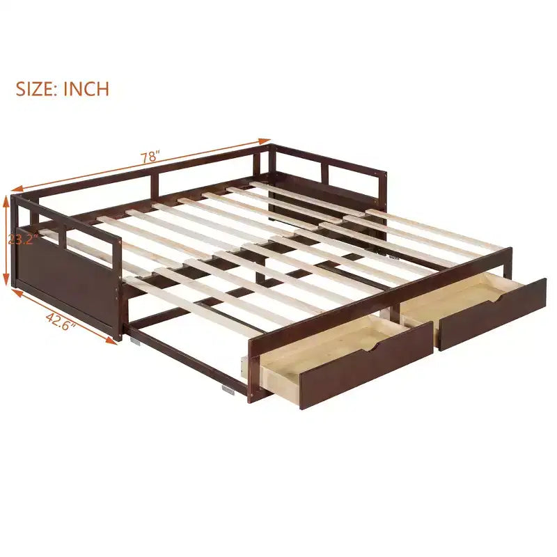 Letto a giorno estensibile in legno con letto estraibile e due cassetti portaoggetti-ModernLuxe