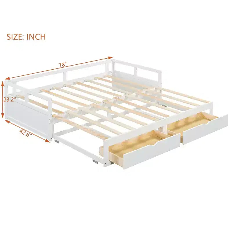 Letto a giorno estensibile in legno con letto estraibile e due cassetti portaoggetti-ModernLuxe