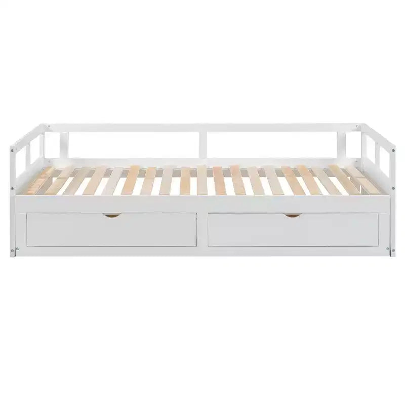 Letto a giorno estensibile in legno con letto estraibile e due cassetti portaoggetti-ModernLuxe