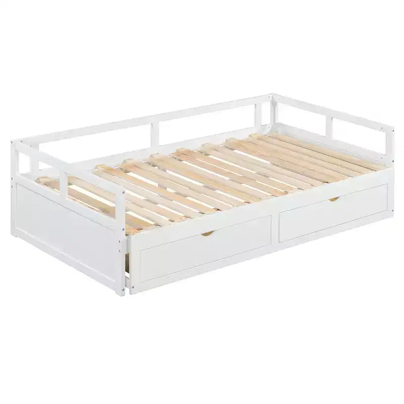 Letto a giorno estensibile in legno con letto estraibile e due cassetti portaoggetti-ModernLuxe