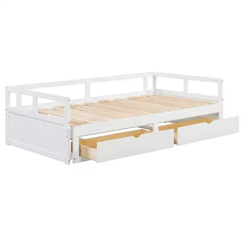 Letto a giorno estensibile in legno con letto estraibile e due cassetti portaoggetti-ModernLuxe