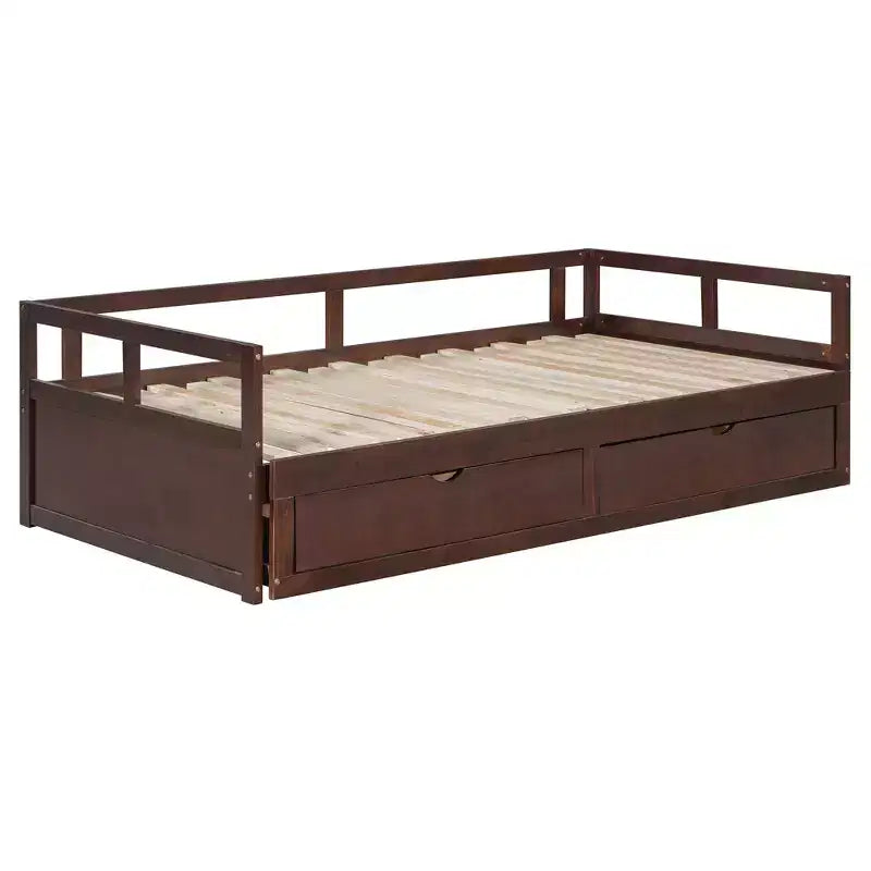 Letto a giorno estensibile in legno con letto estraibile e due cassetti portaoggetti-ModernLuxe