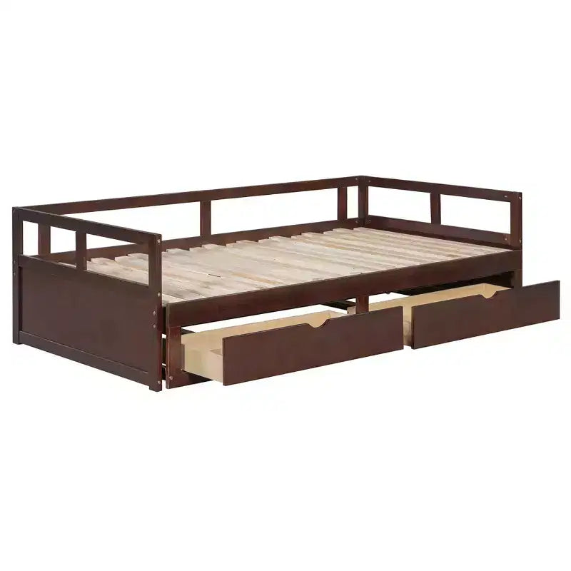 Letto a giorno estensibile in legno con letto estraibile e due cassetti portaoggetti-ModernLuxe