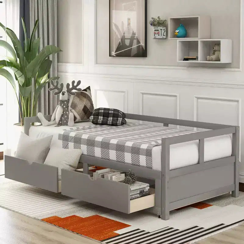 Letto a giorno estensibile in legno con letto estraibile e due cassetti portaoggetti-ModernLuxe