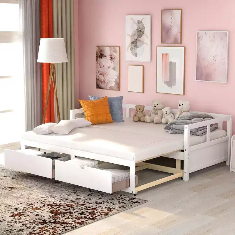 Letto a giorno estensibile in legno con letto estraibile e due cassetti portaoggetti-ModernLuxe