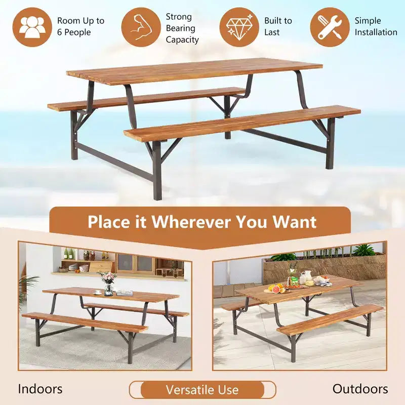 Set tavolo e panche da picnic da esterno in legno di acacia Costway con piano tavolo da 71'' e foro per ombrellone da 2''