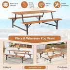 Set tavolo e panche da picnic da esterno in legno di acacia Costway con piano tavolo da 71'' e foro per ombrellone da 2''