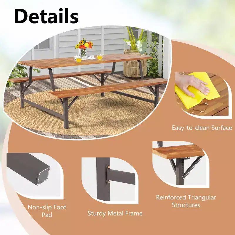 Set tavolo e panche da picnic da esterno in legno di acacia Costway con piano tavolo da 71'' e foro per ombrellone da 2''