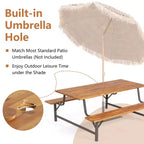 Set tavolo e panche da picnic da esterno in legno di acacia Costway con piano tavolo da 71'' e foro per ombrellone da 2''