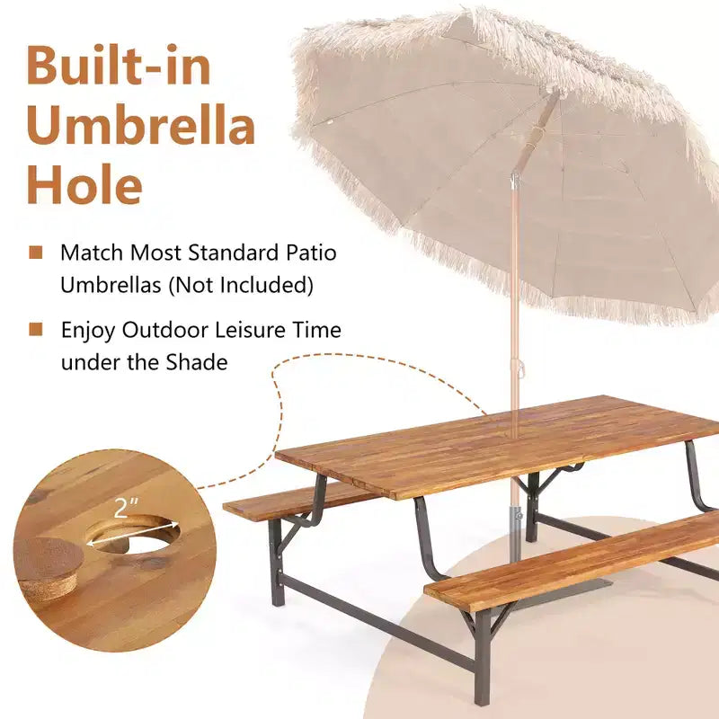 Set tavolo e panche da picnic da esterno in legno di acacia Costway con piano tavolo da 71'' e foro per ombrellone da 2''