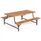 Set tavolo e panche da picnic da esterno in legno di acacia Costway con piano tavolo da 71'' e foro per ombrellone da 2''