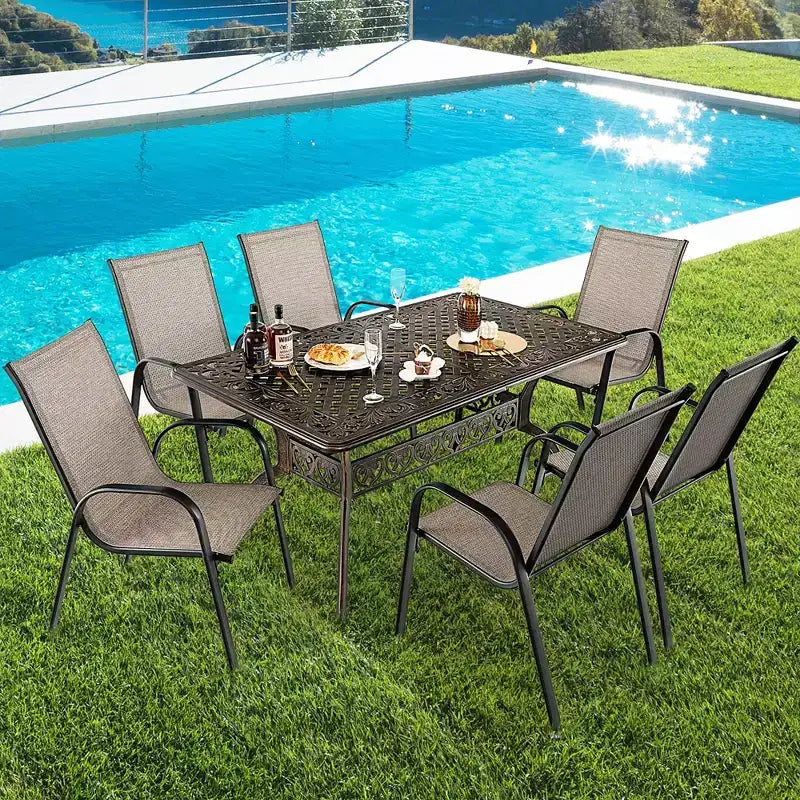 Costway Tavolo da Pranzo da Esterno 59'' in Alluminio Fuso Resistente alle Intemperie Foro per Ombrellone 6 Posti Bronzo