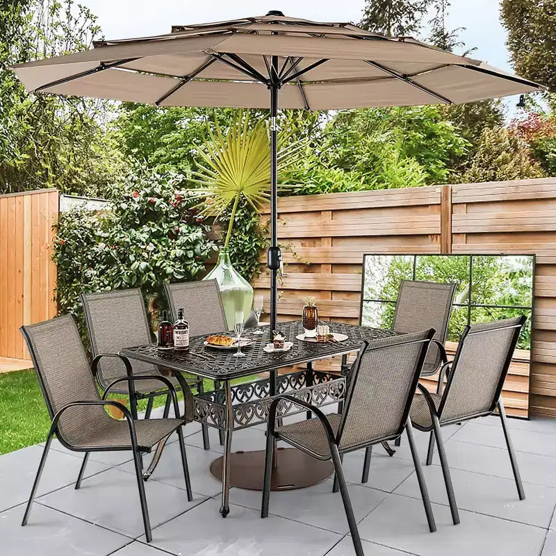 Costway Tavolo da Pranzo da Esterno 59'' in Alluminio Fuso Resistente alle Intemperie Foro per Ombrellone 6 Posti Bronzo