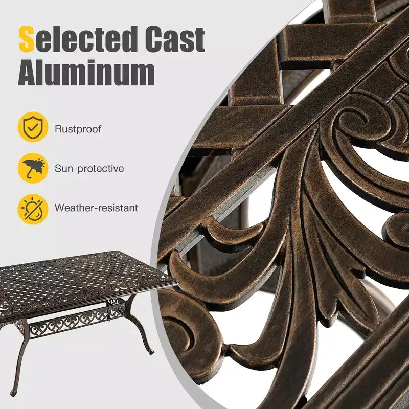 Costway Tavolo da Pranzo da Esterno 59'' in Alluminio Fuso Resistente alle Intemperie Foro per Ombrellone 6 Posti Bronzo