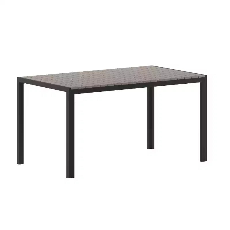 Emma and Oliver 55 x 31 Outdoor Dining Table with Faux Teak Poly Slat Top and Metal Frame
