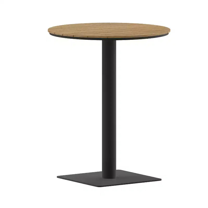 Emma and Oliver 24 Round Outdoor Dining Table with Natural Faux Teak Poly Slats and Gray Steel Frame