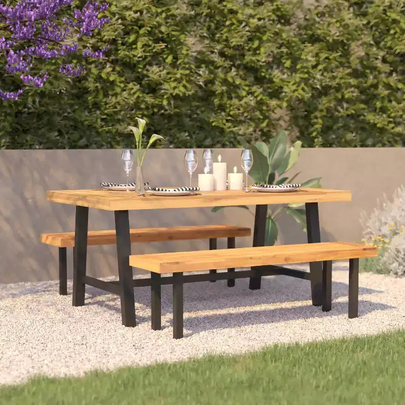 Flash Furniture Tavolo da Esterno con Piano in Legno di Acacia per Tutte le Stagioni e Base in Metallo, Naturale/Nero