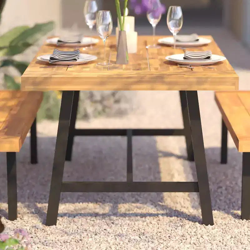 Flash Furniture Tavolo da Esterno con Piano in Legno di Acacia per Tutte le Stagioni e Base in Metallo, Naturale/Nero