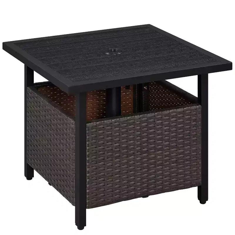 Yaheetech Natural Outdoor Patio Rattan Side Table With Umbrella Tube Black