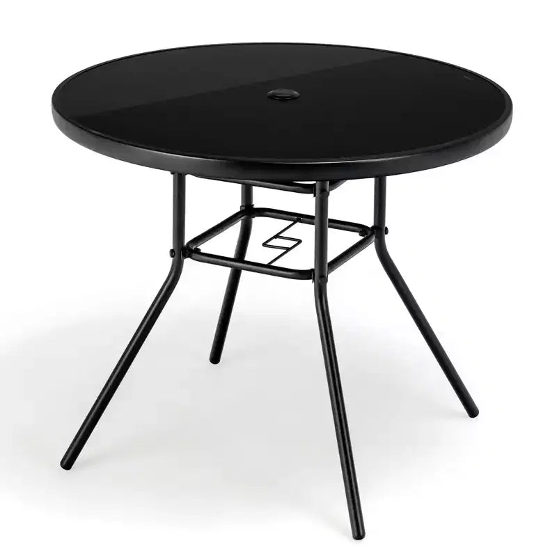 Tavolo da pranzo da esterno rotondo Costway da 34 pollici con ripiano in vetro temperato e foro per ombrellone da 3,8 cm