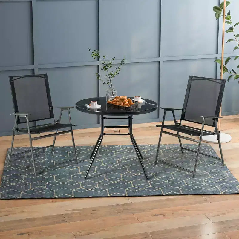 Tavolo da pranzo da esterno rotondo Costway da 34 pollici con ripiano in vetro temperato e foro per ombrellone da 3,8 cm