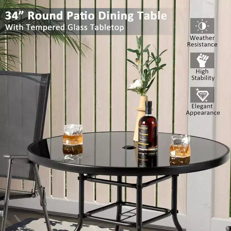 Tavolo da pranzo da esterno rotondo Costway da 34 pollici con ripiano in vetro temperato e foro per ombrellone da 3,8 cm