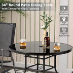 Tavolo da pranzo da esterno rotondo Costway da 34 pollici con ripiano in vetro temperato e foro per ombrellone da 3,8 cm