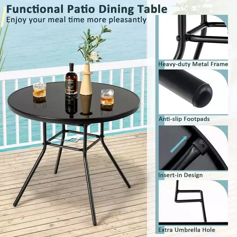 Tavolo da pranzo da esterno rotondo Costway da 34 pollici con ripiano in vetro temperato e foro per ombrellone da 3,8 cm