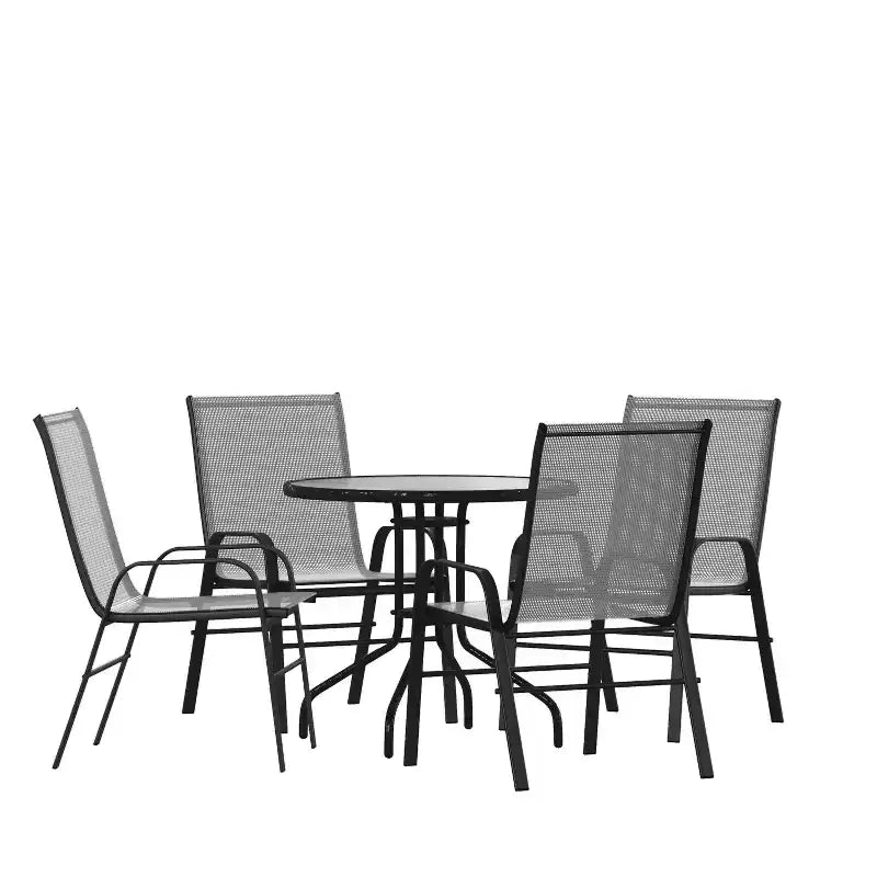 Tavolo da patio Emma e Oliver a cinque pezzi con tavolo rotondo in metallo con piano in vetro temperato e 4 sedie impilabili Flex Comfort