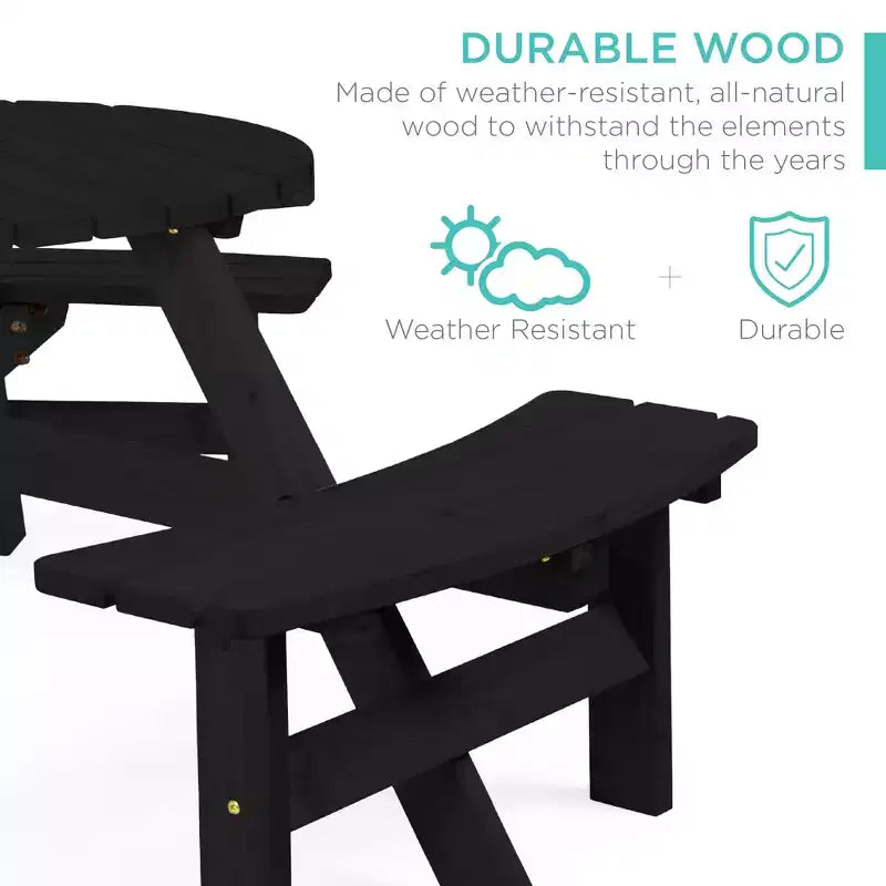 Tavolo da picnic circolare da esterno in legno a 6 posti Best Choice Products con 3 panche integrate, foro per ombrellone