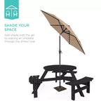 Tavolo da picnic circolare da esterno in legno a 6 posti Best Choice Products con 3 panche integrate, foro per ombrellone