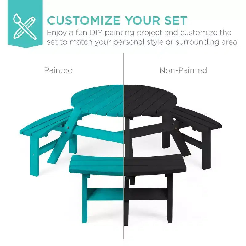 Tavolo da picnic circolare da esterno in legno a 6 posti Best Choice Products con 3 panche integrate, foro per ombrellone
