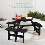 Tavolo da picnic circolare da esterno in legno a 6 posti Best Choice Products con 3 panche integrate, foro per ombrellone