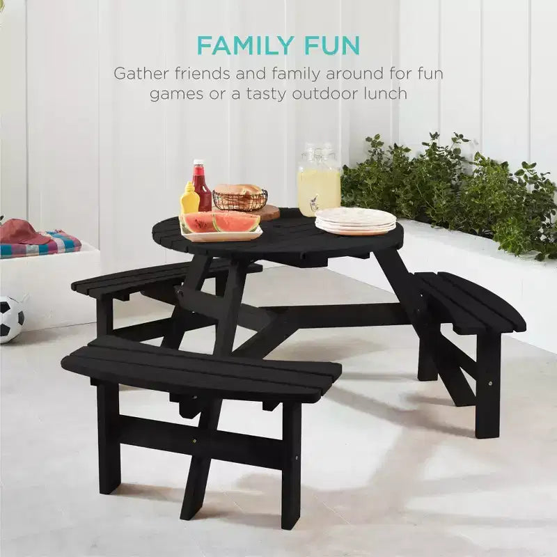 Tavolo da picnic circolare da esterno in legno a 6 posti Best Choice Products con 3 panche integrate, foro per ombrellone