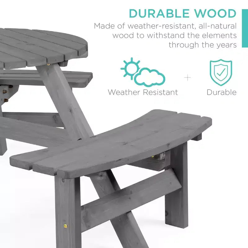 Tavolo da picnic circolare da esterno in legno a 6 posti Best Choice Products con 3 panche integrate, foro per ombrellone