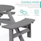 Tavolo da picnic circolare da esterno in legno a 6 posti Best Choice Products con 3 panche integrate, foro per ombrellone