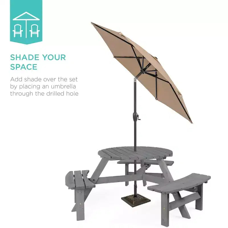 Tavolo da picnic circolare da esterno in legno a 6 posti Best Choice Products con 3 panche integrate, foro per ombrellone