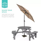Tavolo da picnic circolare da esterno in legno a 6 posti Best Choice Products con 3 panche integrate, foro per ombrellone